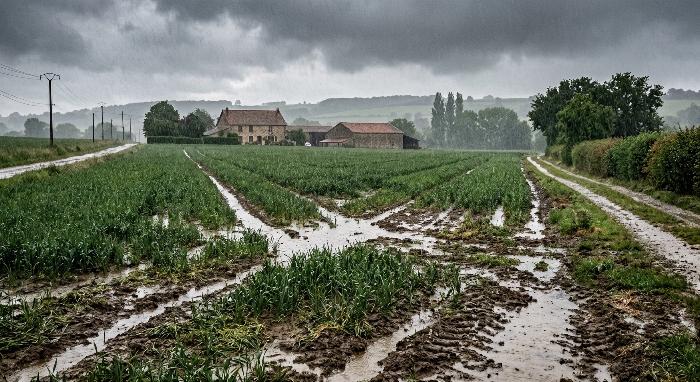 Parcelle agricole inondée après de fortes précipitations